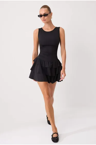 Black Plain Crew Neck Ruffle Mini/Short Knitted Dress