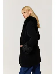 Black Faux Fur Trim Long Coat - 2