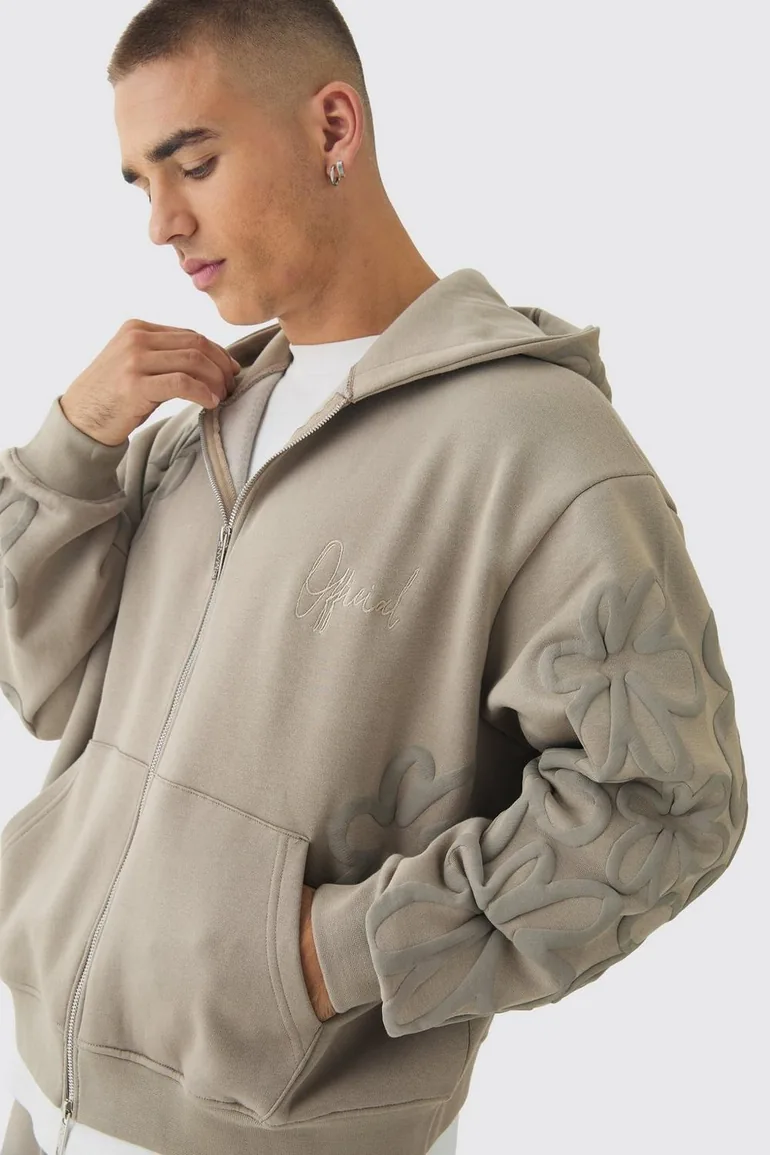 Oversized Boxy Floral Puff Print Zip Through Hoodie - taupe - 2