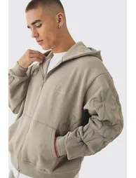 Oversized Boxy Floral Puff Print Zip Through Hoodie - taupe - 2