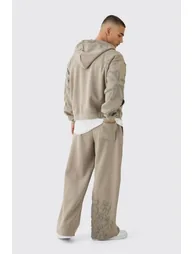 Oversized Boxy Floral Puff Print Zip Through Hoodie - taupe - 1