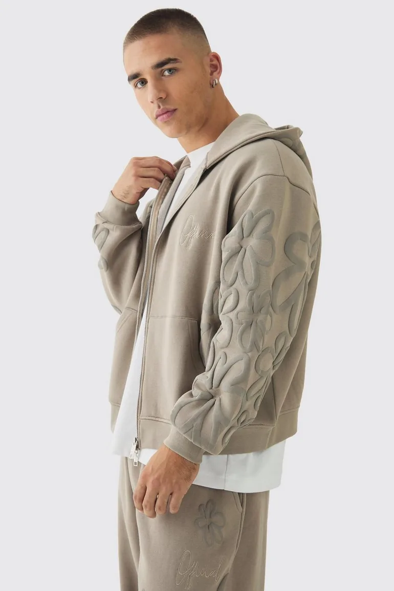 Oversized Boxy Floral Puff Print Zip Through Hoodie - taupe