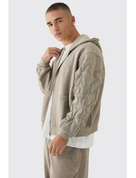 Oversized Boxy Floral Puff Print Zip Through Hoodie - taupe