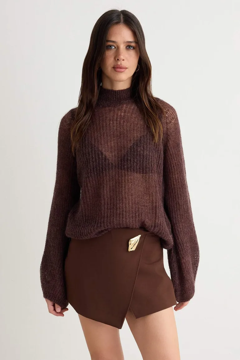 Brown Moher Blended Raglan Sleeve High Neck Slim Knitwear Sweater