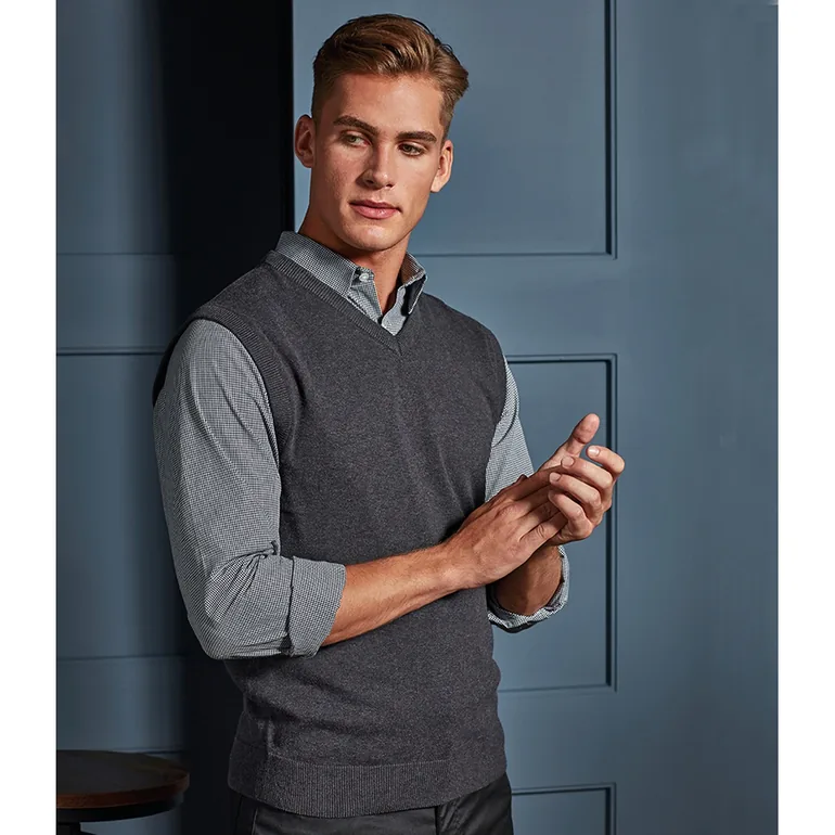 Premier Mens Sleeveless Cotton Acrylic V Neck Sweater - Charcoal