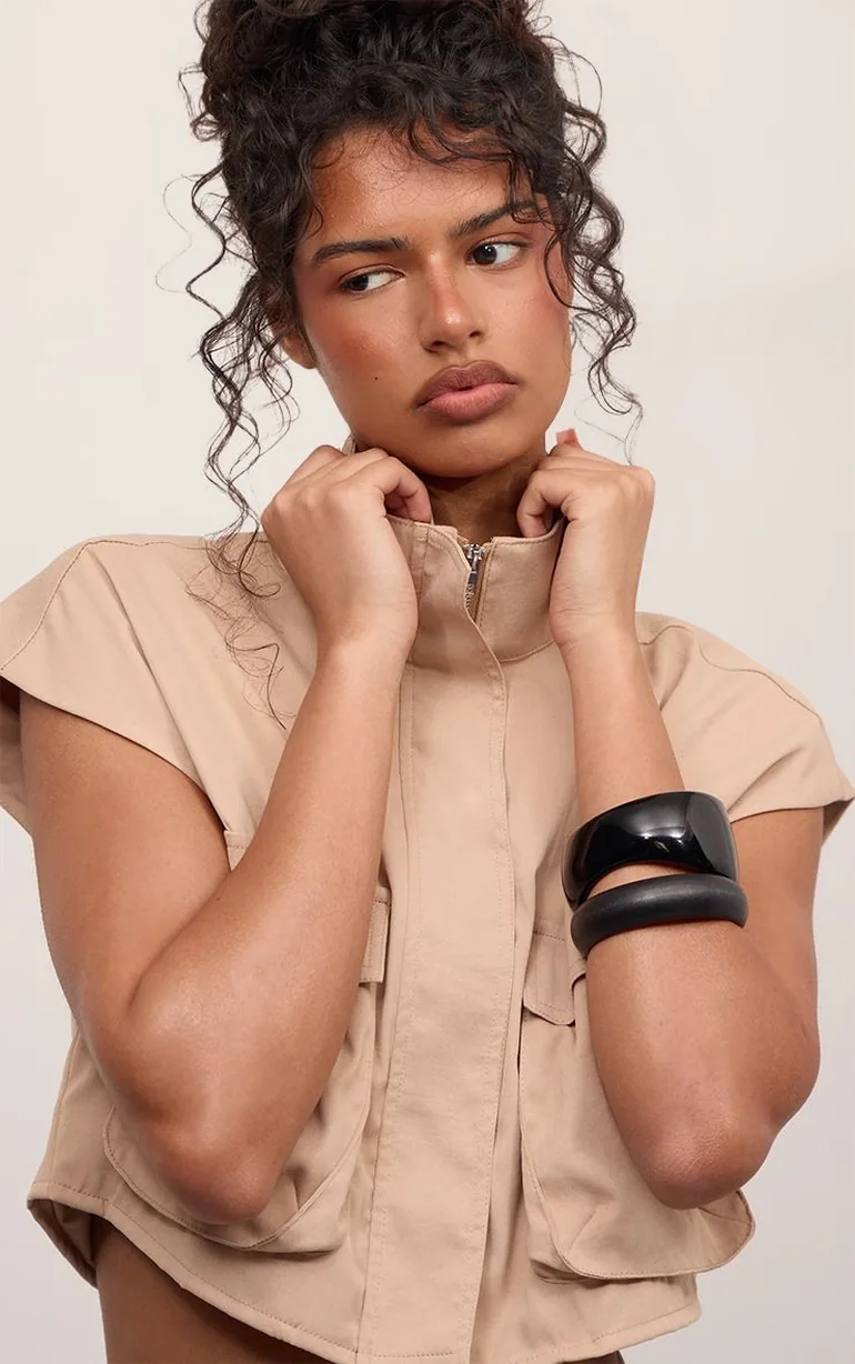 Taupe Sleeveless Cropped Utility Style Jacket - 3