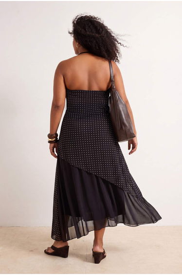 Brown Polka Dot Patterned Halter Neck Asymmetrical Knitted Plus Size Dress product thumbnail 2