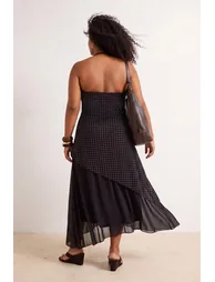 Brown Polka Dot Patterned Halter Neck Asymmetrical Knitted Plus Size Dress - 1