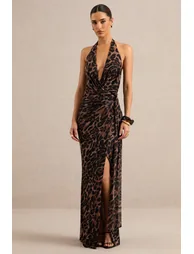 Anwen | Leopard Print Mesh V-Neck Maxi Dress With Front High Split - 4