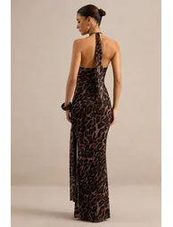 Anwen | Leopard Print Mesh V-Neck Maxi Dress With Front High Split - 1
