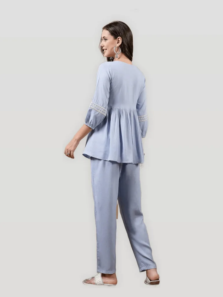 Blue Embroidered V Neck Tunic and Pants Co-Ord Set - 1