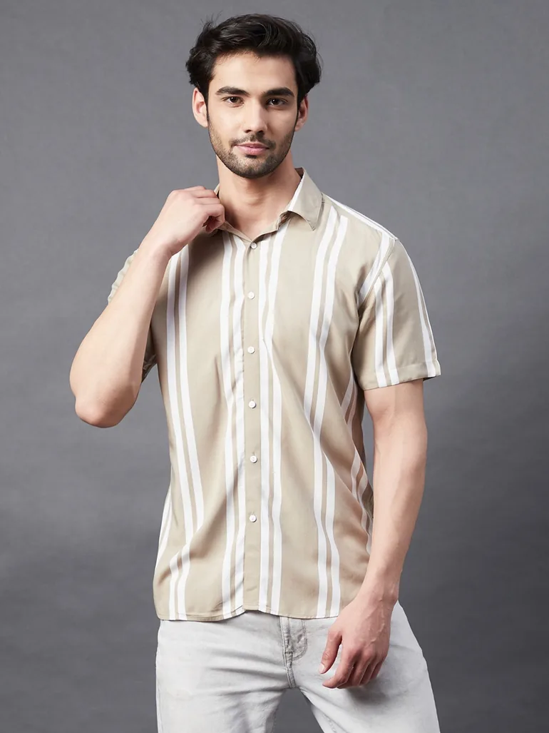 Men Beige Striped Rayon Shirt - 2