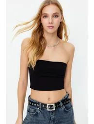 Black Fitted Strapless Collar Crop Stretchy Knitted Blouse - 2