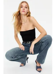 Black Fitted Strapless Collar Crop Stretchy Knitted Blouse