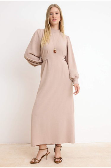 Mink Belted Unlined Plain Woven Dress