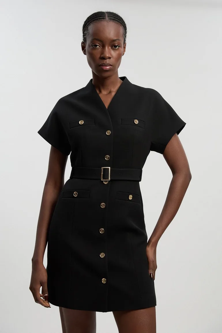 Petite Textured Compact Stretch High Neck Belted Mini Dress
