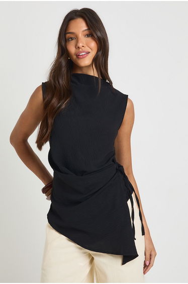 Hammered High Cowl Tie Side Drape Blouse - black