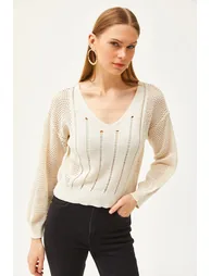 Women's Ecru V-Neck Stripe Openwork Hollowed Sleeve Cotton Knitwear Blouse