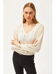Women's Ecru V-Neck Stripe Openwork Hollowed Sleeve Cotton Knitwear Blouse - 2
