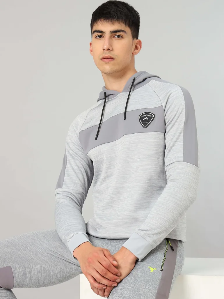 Contrast Panel Melange Fleece Hoodie