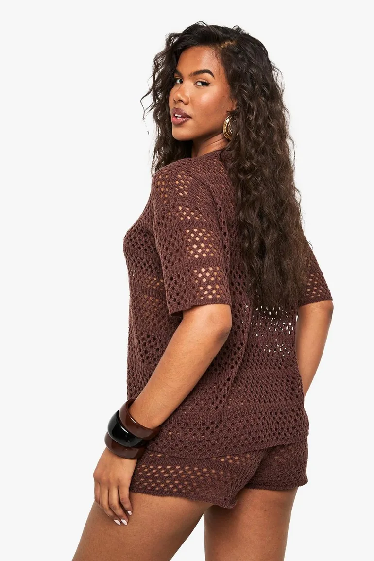 Crochet Oversized Knitted Top and Knicker Short Set - chocolate - 2