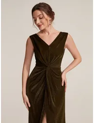Sleeveless High Stretch V-Neck Sheath Maxi Dress with Knot Detail; Evening Dresses - 2