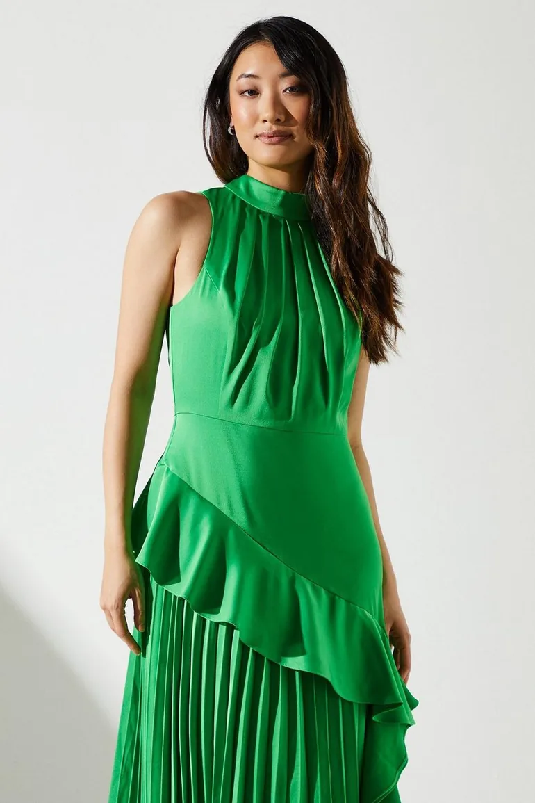 Sleeveless Ruffle Pleat Satin Back Crepe Dress - 3