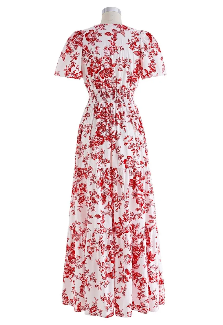 Ebullient Red Flower Printed Maxi Dress - 12