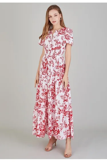 Ebullient Red Flower Printed Maxi Dress