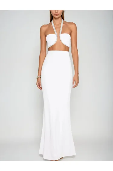 Acer Halterneck Crystal Maxi Dress In White