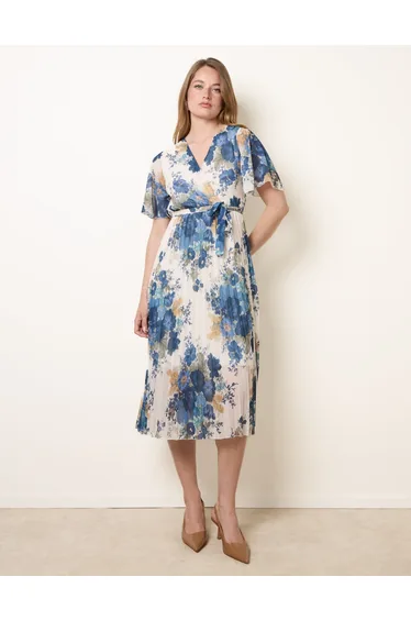Crossover Pleated Print Dress