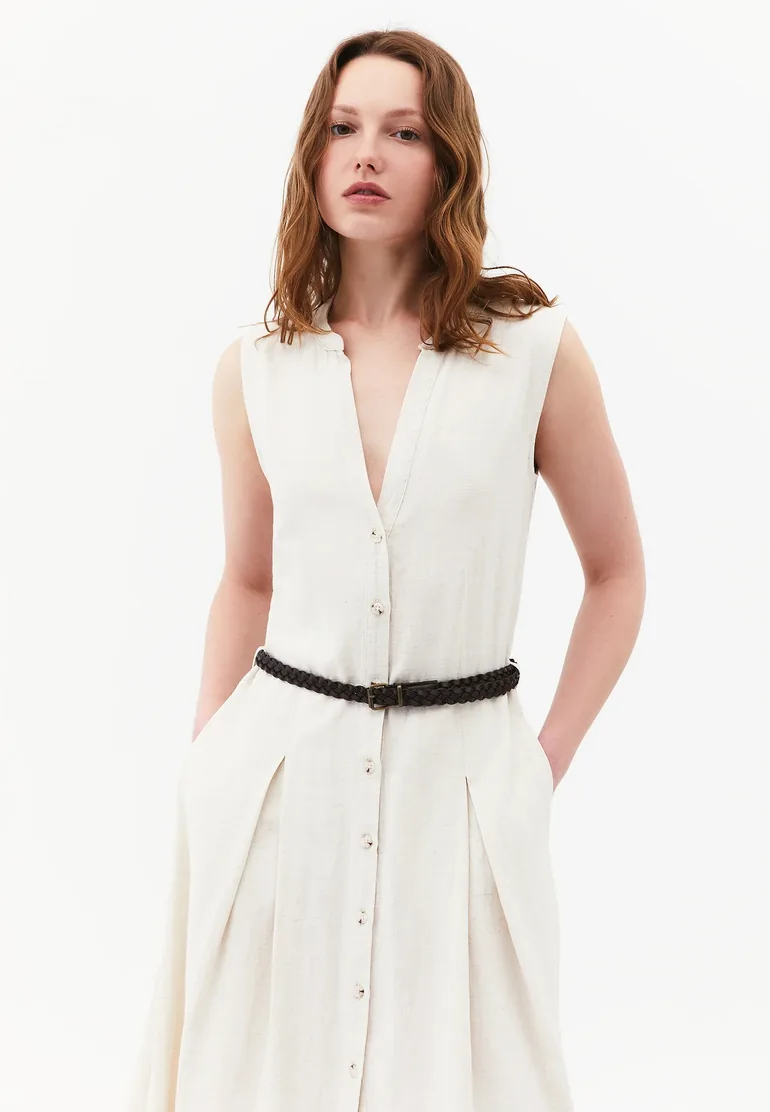 Long A-Line Dress With Belt And Button Details - NATURAL - 1
