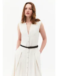 Long A-Line Dress With Belt And Button Details - NATURAL - 1