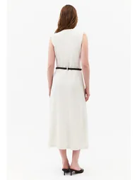 Long A-Line Dress With Belt And Button Details - NATURAL - 3