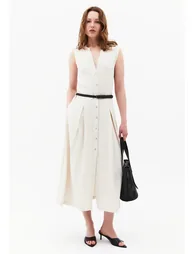 Long A-Line Dress With Belt And Button Details - NATURAL