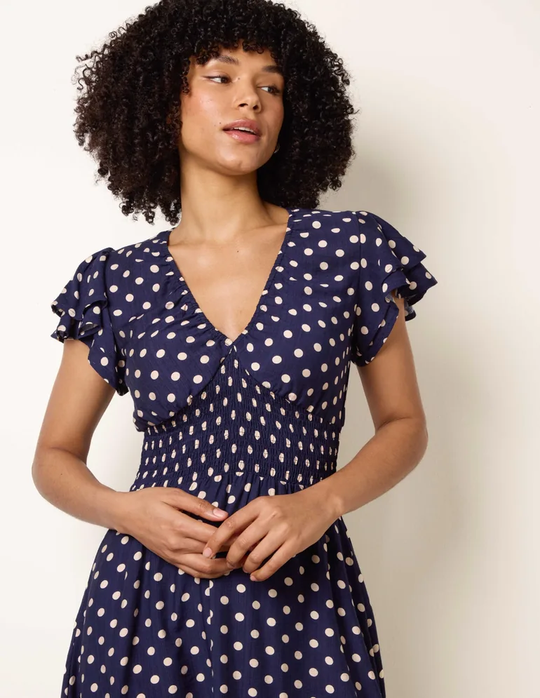 Polka Dot Elastic V Neck Midi Dress - 3