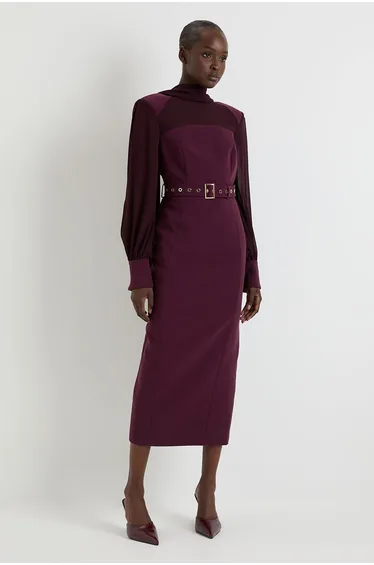 Compact Stretch and Sheer Tailored Pencil Dress