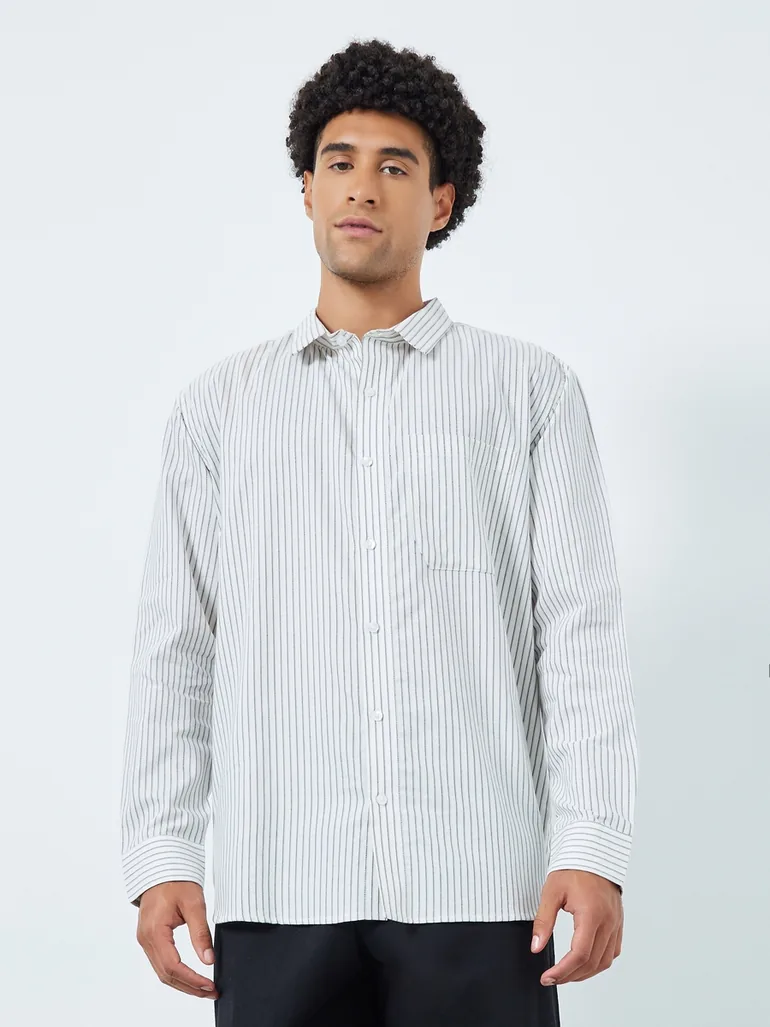 Men White Relaxed Fit Cotton Striped Shirt - 2