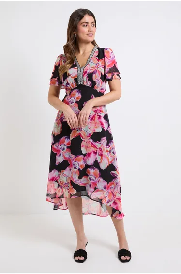 Floral Chiffon Sequin Insert Midi Dress