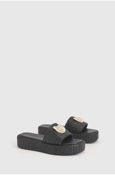 Shell Trim Detail Raffia Flatform Sandals - black