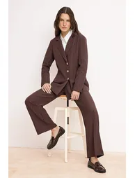 Brown Striped Double-Breasted Closure Woven Jacket - Trouser Bottom - Top Set - 1