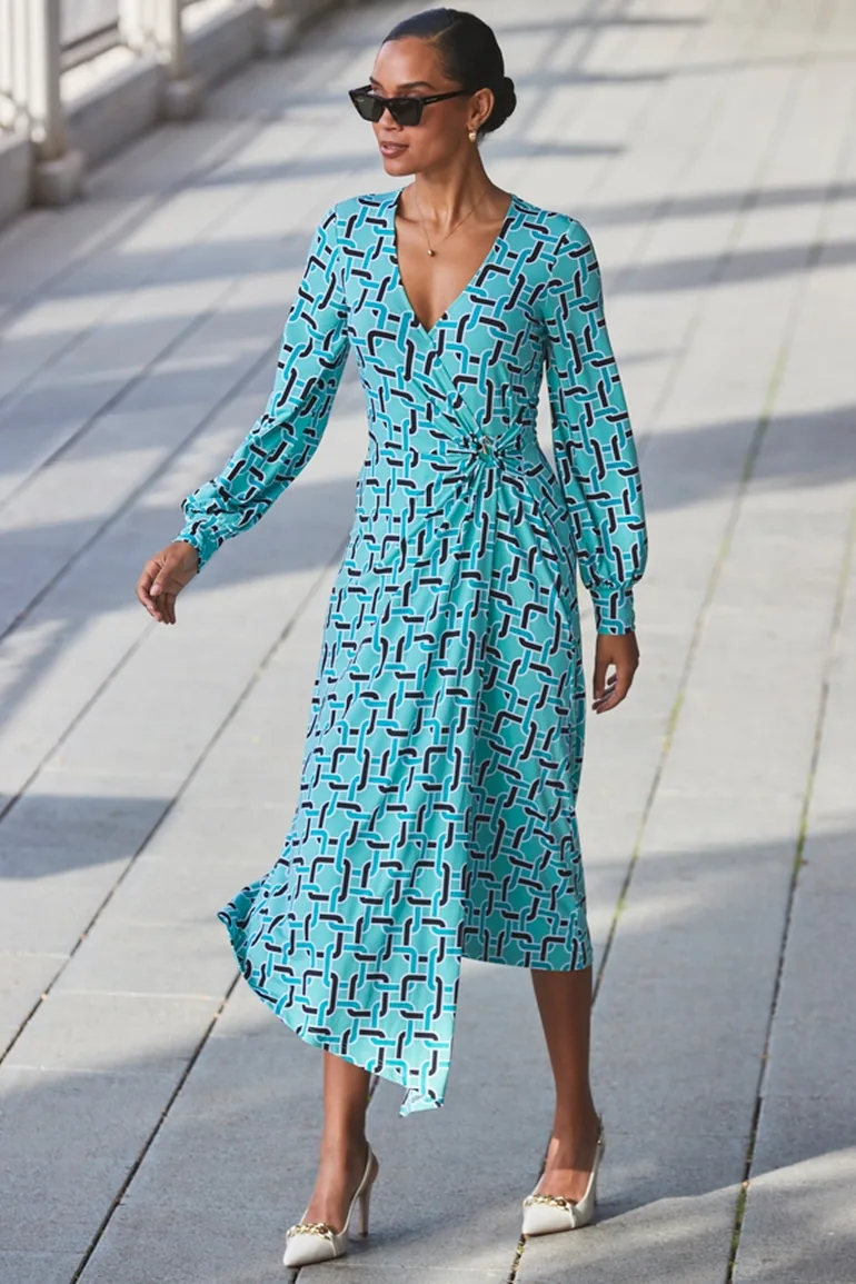 Green Geometric Print Blouson Sleeve Wrap Jersey Midi Dress - 2