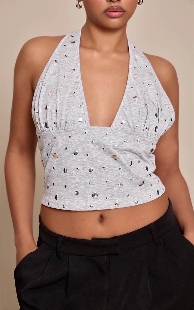 Petite Grey Halterneck Stud Detail Crop Top - 3