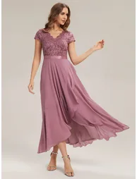 Deep V-Neck Lace Cap Sleeve Evening Dress - 3