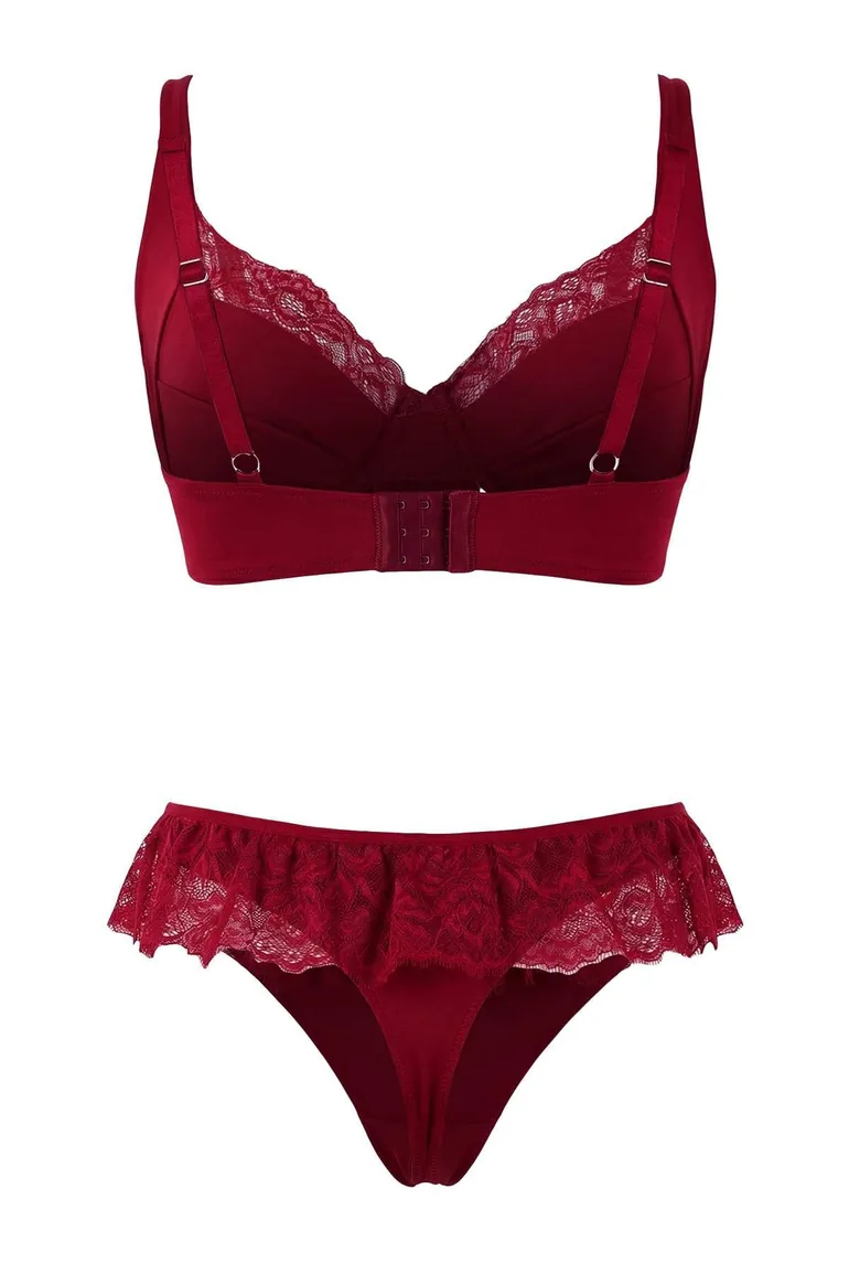 Dark Cherry Micro Ruffled Lace Cupless Strap Knitted Underwear Set - 3