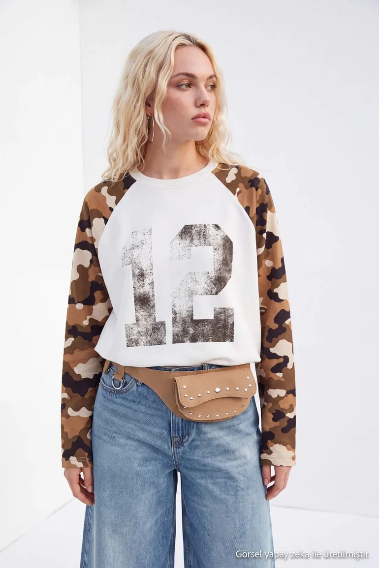 Ecru Sleeves Raglan Camouflage Pattern Printed Knitted T-Shirt - 7