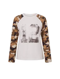 Ecru Sleeves Raglan Camouflage Pattern Printed Knitted T-Shirt - 3