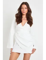 Tie Waist Collarless Draped Blazer Dress - ivory - 2