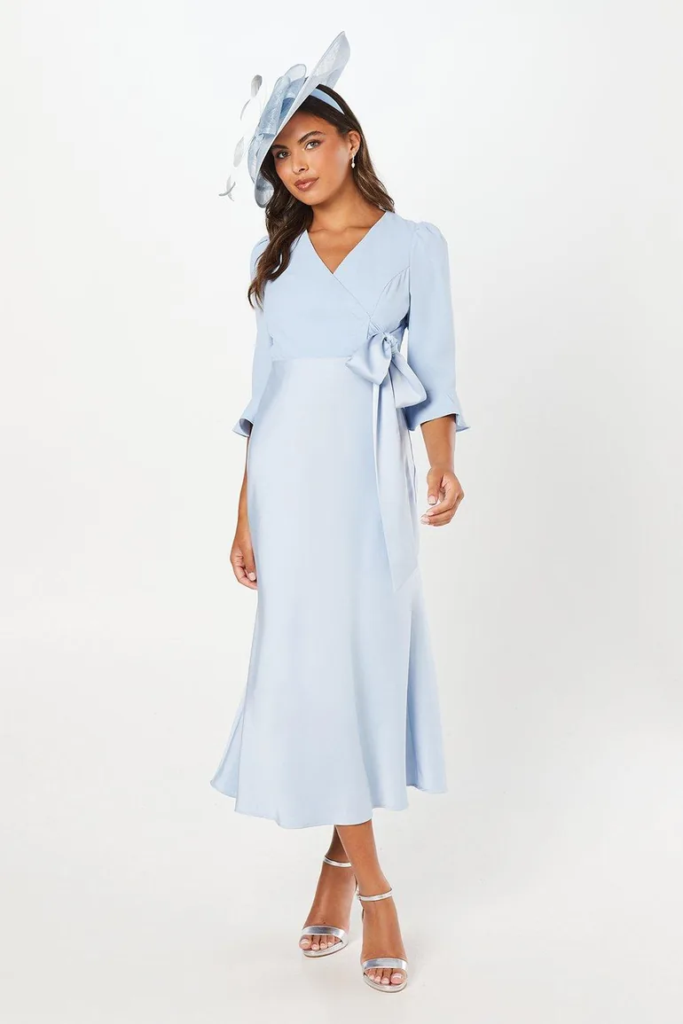 Ruffle Sleeve Satin Back Crepe Wrap Dress