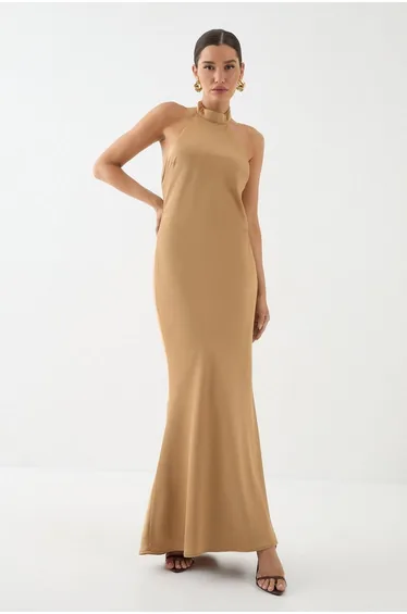 High Neck Satin Cowl Back Bridesmaid Dress